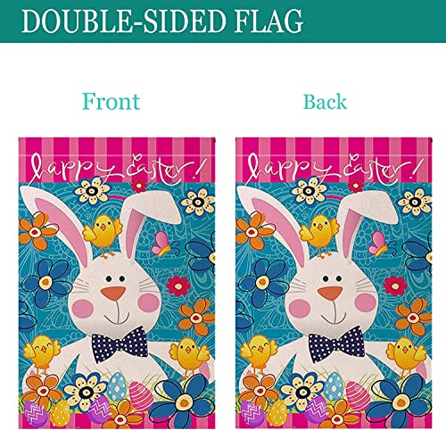 Happy Easter Garden Flag, Double Sided 12” x 18” Linen Tulip and Bunny Yard Flag for Spring Outside Yard Outdoor Farmhouse Easter Decorations (Blue)
