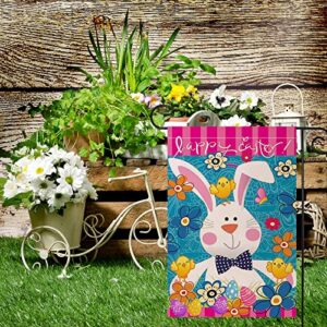 Happy Easter Garden Flag, Double Sided 12” x 18” Linen Tulip and Bunny Yard Flag for Spring Outside Yard Outdoor Farmhouse Easter Decorations (Blue)