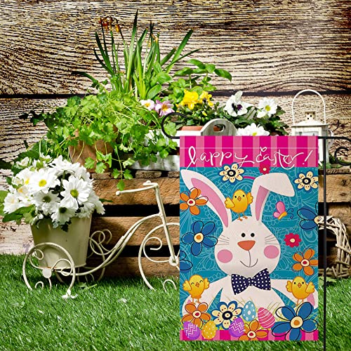 Happy Easter Garden Flag, Double Sided 12” x 18” Linen Tulip and Bunny Yard Flag for Spring Outside Yard Outdoor Farmhouse Easter Decorations (Blue)