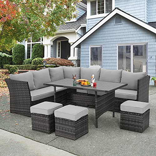 U-MAX 7 Pieces Outdoor Patio Furniture Set,Wicker Patio Furniture Set with Table and Chair, Outdoor Furniture Sets Clearance,Grey Rattan Outdoor Sectional with Grey Cushion