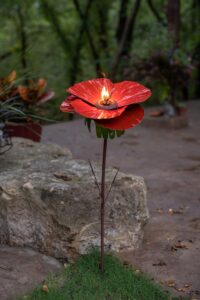 desert steel flower torch – (red poppy, 36″ h x14 w) – metal art citronella garden torch & pathway light w/refillable lamp oil canister