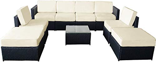 MCombo 6085 9 PC Cozy Outdoor Garden Patio Rattan Wicker Furniture Sectional Sofa (Creme White)