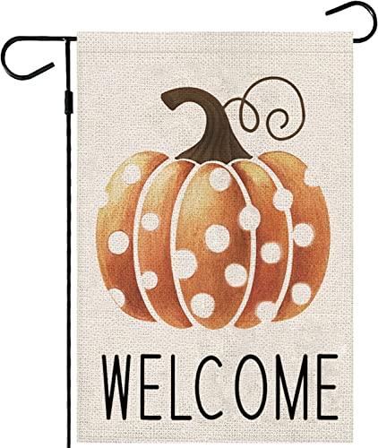 Fall Garden Flag，Welcome Pumpkin Fall Flag 12X18inch，Double Faced Linen Material ，Outdoor Fall Decor，Farmhouse Welcome Banner Pumpkin Decor