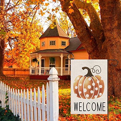 Fall Garden Flag，Welcome Pumpkin Fall Flag 12X18inch，Double Faced Linen Material ，Outdoor Fall Decor，Farmhouse Welcome Banner Pumpkin Decor