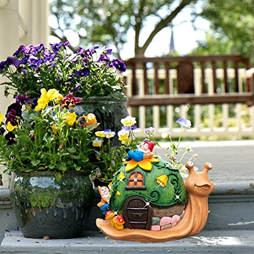 YOUIN Large Garden Gnomes House Decrations for Outdoor,Solar Snail Decor,Fairy Houses for Garden Outdoor,Garden Statue Decor for Outside with Lights Resin Sculptures Figurines for Yard Patio,10x8