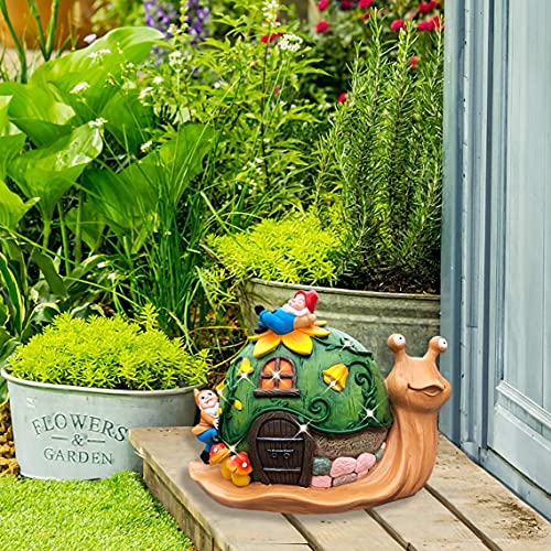YOUIN Large Garden Gnomes House Decrations for Outdoor,Solar Snail Decor,Fairy Houses for Garden Outdoor,Garden Statue Decor for Outside with Lights Resin Sculptures Figurines for Yard Patio,10x8