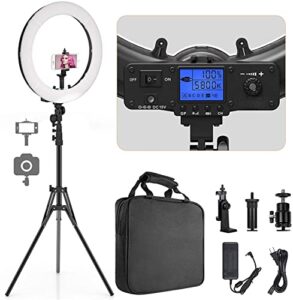 ring light, 19″ bi-color lcd display ring light with stand, 55w 3000-5800k cri≥97 light ring for vlogging selfie-portrait live stream video photography shooting