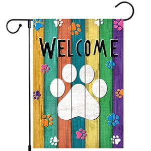 welcome spring summer garden flag colorful footprint summer flags 12×18 double sided burlap vertical spring yard banner for seasonal outdoor farmhouse decoration(only flag)