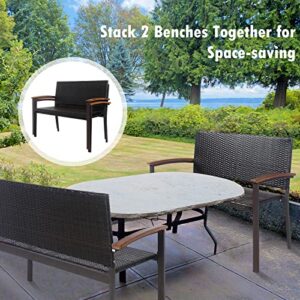 Tangkula Outdoor Stackable Bench, All-Weather PE Wicker Loveseat with Acacia Wood Armrests, 2-Person Heavy Duty Metal Frame Patio Bench, for Garden, Front Porch, Courtyard