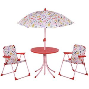 outsunny kids folding picnic table and chairs set rabbit pattern for outdoor garden patio backyard with removable & height adjustable sun umbrella, red