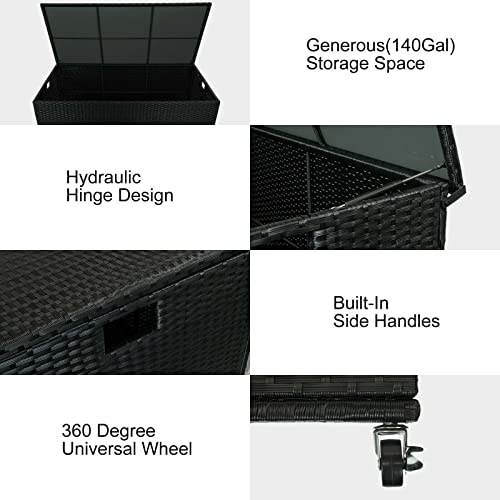 ALIDAM Deck Box Storage Box Outdoor Storage Box 4 Wheels 140 Wicker Patio Deck Boxes with Lid Black Patio Deck Garden Furniture