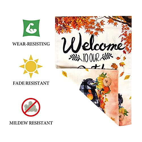 Unves Fall Garden Flag 12.5x18 Double Sided , Fall Porch Decor Burlap Pumpkin with Maple Leaves Welcome to Our Patch, Small Fall Yard Flag for Outside House Harvest Autumn Thanksgiving Decorations