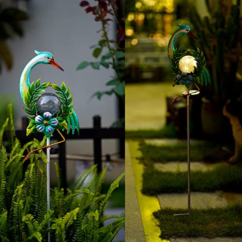 Manortang Egret Solar Garden Lights Outdoor,Metal Garden Decor for Outside with Crackle Glass Ball, Solar Outdoor Lights Decorative Stake Lawn Ornaments Yard Art for Patio Decorations 41 inch