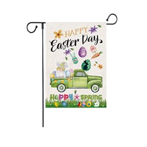 happy easter day garden flags, gnome eggs truck vertical double sized burlap flag for spring house yard outdoor decor 12.5 x 18 inch (multi)