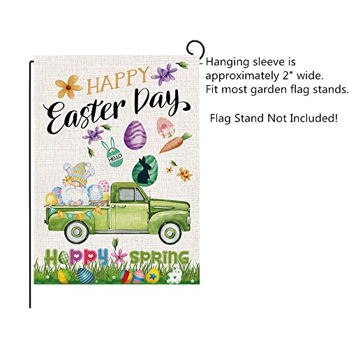 Happy Easter Day Garden Flags, Gnome Eggs Truck Vertical Double Sized Burlap Flag for Spring House Yard Outdoor Decor 12.5 x 18 Inch (Multi)