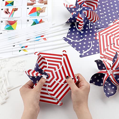 American Flag Patriotic Pinwheels Independence Day Pinwheels US Stars and Stripes Pinwheels with Instruction Garden Windmill Wind Spinner for Kids Adults, July of 4th Decor Yard Garden Lawn (30)