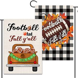 2 pcs football fall garden flags 12×18 double sided, burlap football farm truck and maple leaves buffalo plaid thanksgiving garden flags, outdoor yard decorations for football fans fall gifts