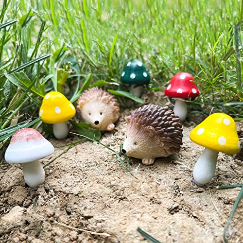 Fairy Wild Garden Accessories, Polyresin Hedgehogs and Wood Mushroom Miniature Garden Animals Figurines Outdoor Decoration for Plant Pots Bonsai Craft Decor Lawn Yard Fairy Wild Garden Supplies