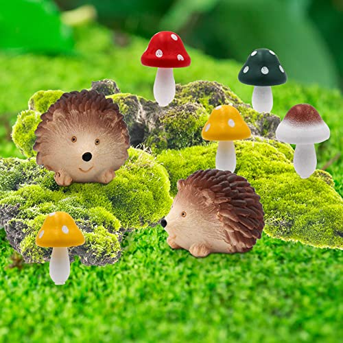 Fairy Wild Garden Accessories, Polyresin Hedgehogs and Wood Mushroom Miniature Garden Animals Figurines Outdoor Decoration for Plant Pots Bonsai Craft Decor Lawn Yard Fairy Wild Garden Supplies