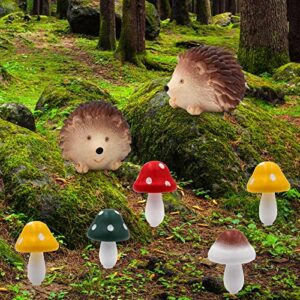 Fairy Wild Garden Accessories, Polyresin Hedgehogs and Wood Mushroom Miniature Garden Animals Figurines Outdoor Decoration for Plant Pots Bonsai Craft Decor Lawn Yard Fairy Wild Garden Supplies