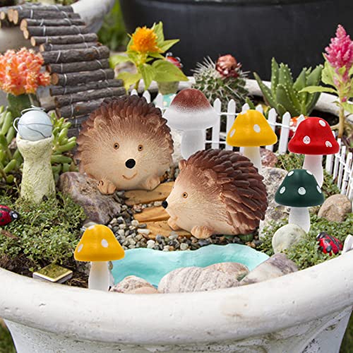 Fairy Wild Garden Accessories, Polyresin Hedgehogs and Wood Mushroom Miniature Garden Animals Figurines Outdoor Decoration for Plant Pots Bonsai Craft Decor Lawn Yard Fairy Wild Garden Supplies