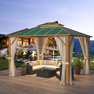 Erinnyees 10' x 12' Wood Grain Hardtop Gazebo, Outdoor Aluminum Composite Double Roof with Privacy Curtain and Mosquito Net for Patio, Lawn, Garden, Deck(Wood Looking, Dark Green)