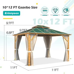 Erinnyees 10' x 12' Wood Grain Hardtop Gazebo, Outdoor Aluminum Composite Double Roof with Privacy Curtain and Mosquito Net for Patio, Lawn, Garden, Deck(Wood Looking, Dark Green)