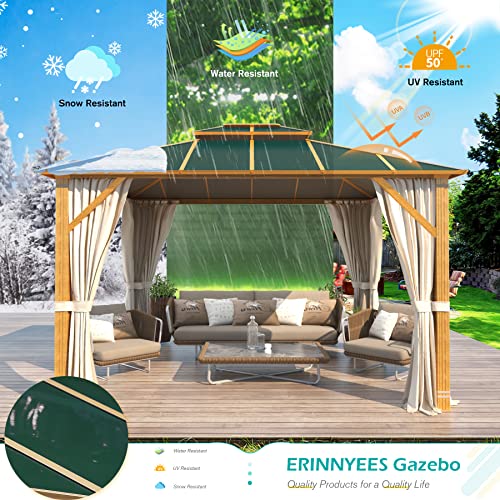 Erinnyees 10' x 12' Wood Grain Hardtop Gazebo, Outdoor Aluminum Composite Double Roof with Privacy Curtain and Mosquito Net for Patio, Lawn, Garden, Deck(Wood Looking, Dark Green)