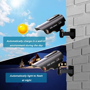 YSUCAU Solar Powered Bullet Dummy Fake Simulated Surveillance Security CCTV Dome Camera Indoor/Outdoor Use with Flashing Red LED Light & Warning Security Alert Sticker Decal, 2 Packs, Black