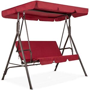 best choice products 2-person outdoor patio swing chair, hanging glider porch bench for garden, poolside, backyard w/convertible canopy, adjustable shade, removable cushions – burgundy