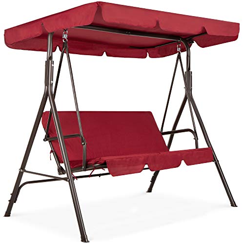 Best Choice Products 2-Person Outdoor Patio Swing Chair, Hanging Glider Porch Bench for Garden, Poolside, Backyard w/Convertible Canopy, Adjustable Shade, Removable Cushions - Burgundy