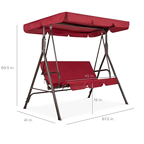 Best Choice Products 2-Person Outdoor Patio Swing Chair, Hanging Glider Porch Bench for Garden, Poolside, Backyard w/Convertible Canopy, Adjustable Shade, Removable Cushions - Burgundy