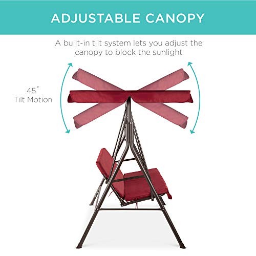 Best Choice Products 2-Person Outdoor Patio Swing Chair, Hanging Glider Porch Bench for Garden, Poolside, Backyard w/Convertible Canopy, Adjustable Shade, Removable Cushions - Burgundy