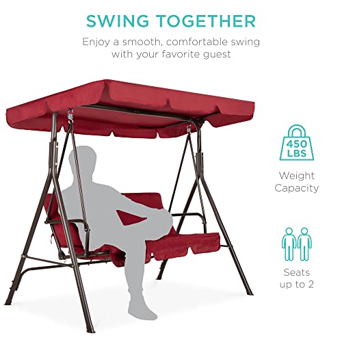 Best Choice Products 2-Person Outdoor Patio Swing Chair, Hanging Glider Porch Bench for Garden, Poolside, Backyard w/Convertible Canopy, Adjustable Shade, Removable Cushions - Burgundy