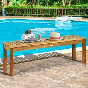 Tangkula 52 Inches Acacia Wood Outdoor Bench, Wood Bench for Dining Room Entryway Poolside Garden, Patio Backless Dining Bench with Slatted Seat, Ideal for Outdoors & Indoors (1, Teak)