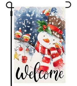 qwetry winter snowman welcome christmas garden flag double sided, merry christmas yard flag for outside outdoor décor, premium burlap vertical rustic flags for farmhouse porch lawn 12.5×18 inch