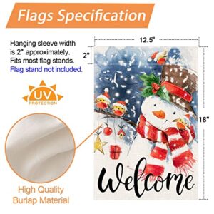 QWETRY Winter Snowman Welcome Christmas Garden Flag Double Sided, Merry Christmas Yard Flag for Outside Outdoor Décor, Premium Burlap Vertical Rustic Flags for Farmhouse Porch Lawn 12.5x18 Inch