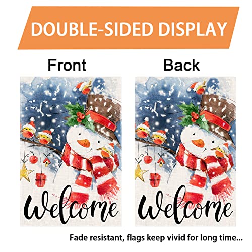 QWETRY Winter Snowman Welcome Christmas Garden Flag Double Sided, Merry Christmas Yard Flag for Outside Outdoor Décor, Premium Burlap Vertical Rustic Flags for Farmhouse Porch Lawn 12.5x18 Inch