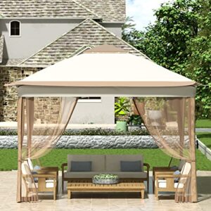 happybuy outdoor canopy gazebo tent, portable canopy shelter with 12’x12′ large shade tents for parties, backyard, patio lawn and garden, 4 sandbags, carrying bag and netting included, brown