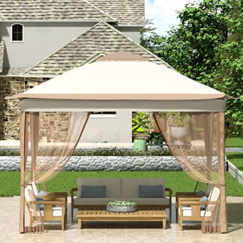 Happybuy Outdoor Canopy Gazebo Tent, Portable Canopy Shelter with 12'x12' Large Shade Tents for Parties, Backyard, Patio Lawn and Garden, 4 Sandbags, Carrying Bag and Netting Included, Brown