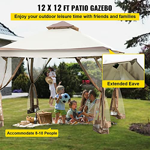 Happybuy Outdoor Canopy Gazebo Tent, Portable Canopy Shelter with 12'x12' Large Shade Tents for Parties, Backyard, Patio Lawn and Garden, 4 Sandbags, Carrying Bag and Netting Included, Brown