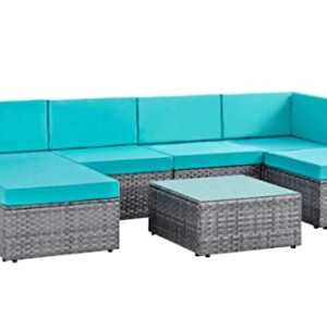 Shintenchi 7 Pieces Ottoman Outdoor Patio Sectional Sofa Couch, Silver Gray PE Wicker Furniture Conversation Sets with Washable Cushions & Glass Coffee Table for Garden, Poolside, Backyard Blue