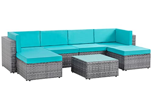 Shintenchi 7 Pieces Ottoman Outdoor Patio Sectional Sofa Couch, Silver Gray PE Wicker Furniture Conversation Sets with Washable Cushions & Glass Coffee Table for Garden, Poolside, Backyard Blue