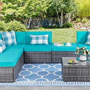 Shintenchi 7 Pieces Ottoman Outdoor Patio Sectional Sofa Couch, Silver Gray PE Wicker Furniture Conversation Sets with Washable Cushions & Glass Coffee Table for Garden, Poolside, Backyard Blue