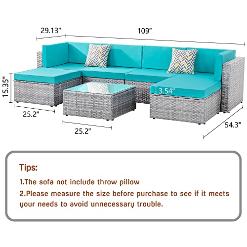 Shintenchi 7 Pieces Ottoman Outdoor Patio Sectional Sofa Couch, Silver Gray PE Wicker Furniture Conversation Sets with Washable Cushions & Glass Coffee Table for Garden, Poolside, Backyard Blue