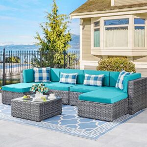 Shintenchi 7 Pieces Ottoman Outdoor Patio Sectional Sofa Couch, Silver Gray PE Wicker Furniture Conversation Sets with Washable Cushions & Glass Coffee Table for Garden, Poolside, Backyard Blue