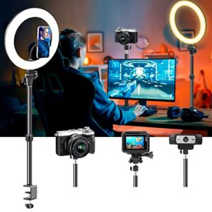 computer streaming ring light with desk mount stand for video conferencing recording/zoom meeting/calls/makeup-12”led desktop circle lighting with clamp stand&phone holder for phone/webcam/camera