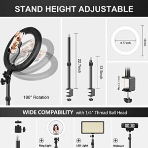 Computer Streaming Ring Light with Desk Mount Stand for Video Conferencing Recording/Zoom Meeting/Calls/Makeup-12''LED Desktop Circle Lighting with Clamp Stand&Phone Holder for Phone/Webcam/Camera