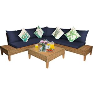 tangkula 4pcs acacia wood patio furniture set, outdoor wicker sectional sofa set w/washable cushions & coffee table, functional conversation set ideal for backyard garden poolside balcony