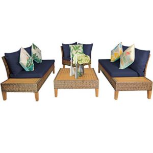 Tangkula 4PCS Acacia Wood Patio Furniture Set, Outdoor Wicker Sectional Sofa Set w/Washable Cushions & Coffee Table, Functional Conversation Set Ideal for Backyard Garden Poolside Balcony